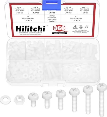 Hilitchi 360PCS 6 Sizes White Nylon Pan Round Head Screws M4 x 4/5/6/8/10/12MM Nylon Plastic Flat Round Head Screws Bolts with Hex Nuts and Gaskets Pan Head Machine Screw for Fastening
