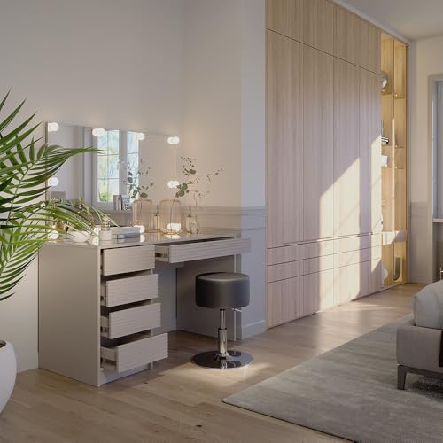 Vicco Tavolo da toilette Sherry, Cachemire, 120 cm | con specchio, sgabello e illuminazione a LED, con illuminazione LED e sgabello coordinato