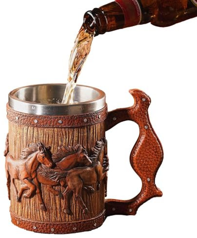 Boccale di birra - Boccale di birra artigianale, boccale di legno in acciaio inossidabile | Boccale di birra con cavallo in corsa Simulazione di botte di legno Boccale di birra vintage a doppia par