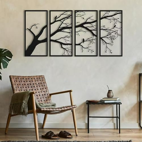 USTEL Eisen Wanddekor 4 PCS – Minimalistischer Botanik-Stil Schwarz, Leicht Aufhängbar für Wohnzimmer Garten, Hochwertige Wandkunst als Geschenk (40x20cm)
