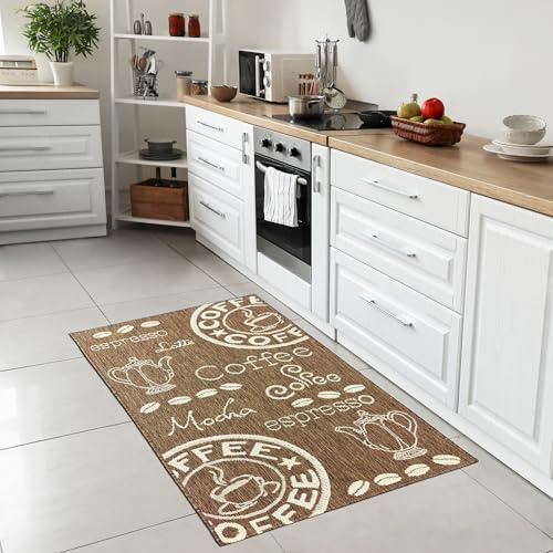 Teppich-Traum Teppich Wohnzimmer Esszimmer Balkon Wintergarten Küche Küchenteppich strapazierfähig langlebig Saugrobotergeeignet mit modernem Coffee-Muster in Braun Beige, 140 x 200 cm