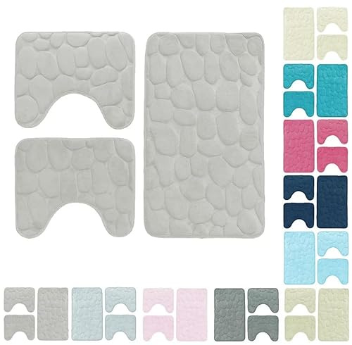 GX GARGIX Set Completo Tappetini da Bagno, 3 Pezzi, Antiscivolo e Assorbente per Bagno, WC, Bidet e Doccia Vari Colori (Sbs-29 Tortora, Set 3 Pezzi, Sassi)