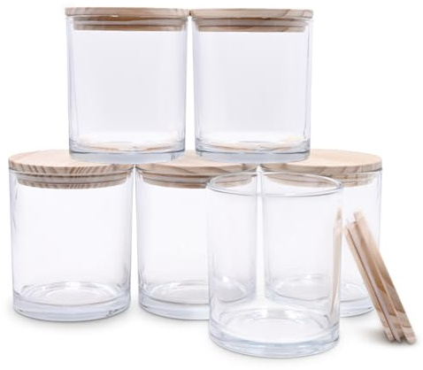 SHOWIN Dicke Kerzengläser für die Herstellung von Kerzen, leere Gläser mit Holzdeckel, für Gewürzgläser, Probenbehälter, transparent, 400 ml, 6 Stück