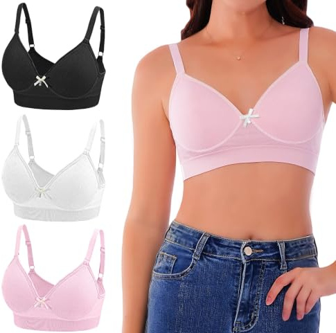 3 st bh för kvinnor utan bygel med vadderad, bekväm bralette, t-shirt, bh, bysthållare, topp, klassisk bh, yoga-set, sportbehå för kvinnor, mjuk – S–XL, Svart rosa vit, M