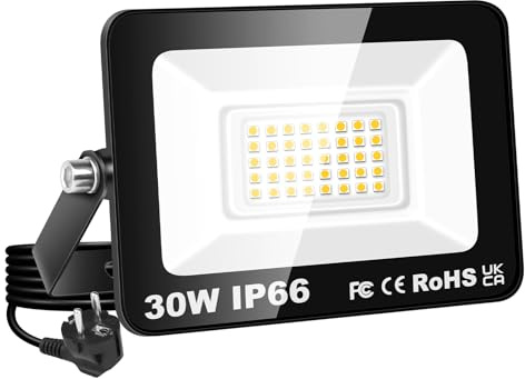 YOJZMA Projecteur LED Extérieur avec prise 30W Éclairage de Sécurité | 3000LM, Blanc Chaud 3000K, IP66 Étanche, Spot LED Extérieur pour Jardin Garage Cour Terrain Sport Patio Allée Porche