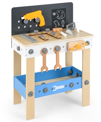 GOPLUS Werkzeugbank Kinder, Spielwerkbank mit Werkzeugregal & Tafel, mit Werkzeugen Set, Kinderwerkbank aus Holz für Kinder ab 3 Jahren