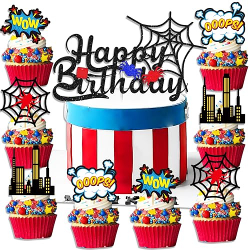 19 Stück Superhelden-Geburtstagskuchenaufsätze, Superhelden-Partygeschenke, Cupcake-Kuchendekoration, Spinne, Kuchendekoration, Spinne, Geburtstagsparty