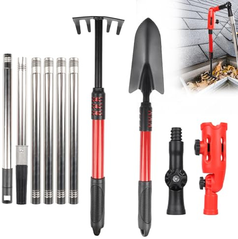 BigKing Outils pour le nettoyage des gouttières avec 170 cm, tube de rallonge, râteau pour nettoyage des feuilles et pelle, angles multiples, utilisation flexible, extracteur de mauvaises herbes pour