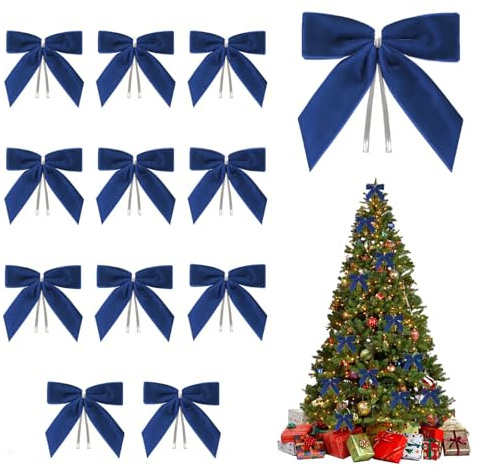 12pcs Navy Blue Christmas Decorations,Christmas Tree Bows Decoration Velvet Bow Ribbon Wreath Dark Royal Blue Ties Set Decor Door xmas Garland Topper Accessories for Christmas Festive Party Ornaments