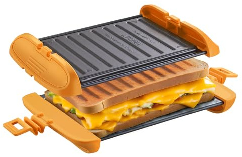Mico Dingker Microwave Sandwich Maker, Toastie Maker, Snack Maker & Panini Press, Microwavable Metal with Removable Non-Stick Plates, Silicone Cookware, Dishwasher Safe, Orange