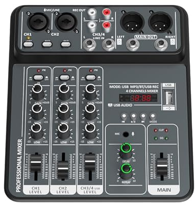 Console de mixage USB à 4 canaux de petite taille - Corps en métal - Pour karaoké - Noir et gris