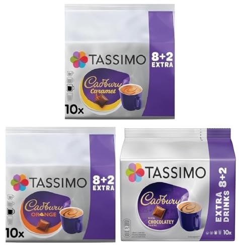 Tassimo Cadbury Hot Chocolate lovers Variety Pack Capsules – Cadbury, Caramel & Orange - 30 T-Discs (3 x 10 Pods)