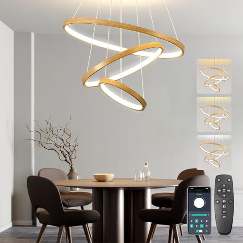 BRIMETI Pendelleuchte Esstisch, Esstischlampe 50cm Höhenverstellbar Esszimmerlampen 45W 3-flammig Hängeleuchte Dimmbar Mit Fernbedienung LED Hängelampe Wohnzimmer Esszimmer Küchen (Holzfarben)