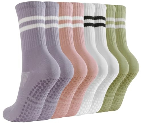 BUDERMMY Pilates Socks 4Pairs Yoga Grip Socks Women Breathable Cotton Long Non Slip Pilates Dance Trampoline Trainer Socks (UK, Numeric, 6, 8, Regular, Regular, Multicolour 4 Pairs)