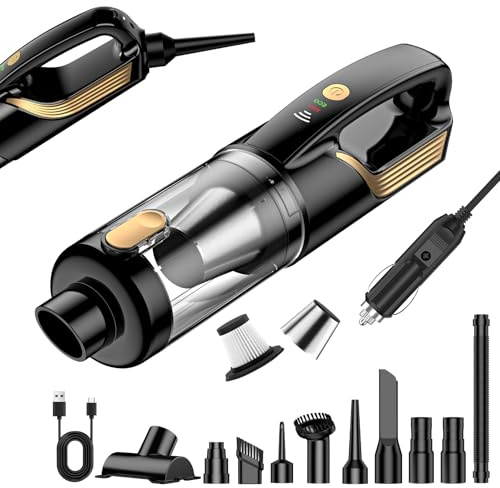 RABIGALA 4 in 1 Cordless Handheld Car Vacuum Cleaner with 12V 5m Cigarette Lighter Adapter Cable, 27000Pa, 2 Speeds,80000 RPM Brushless Motor, Rechargeable Portable Car Hoover for Car and Home