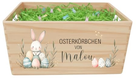 minimutz Personalisiertes Osternest mit Name, Osterkiste mit Ostergras & Häschen-Konfetti zum selbst Befüllen, Osterkörbchen Holz, Holzkiste & Ostergeschenk Kinder