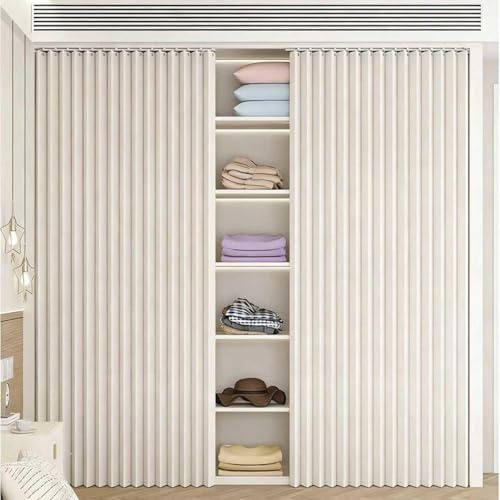 YSZBD Schrankvorhang,Schrank Vorhang Mit Schiene Faltbarer Gardinenvorhang für Offene Kleiderschränke, Staubdichter Blickschutzvorhang ohne Bohren für Schränke,Beige-W250cm/H200cm