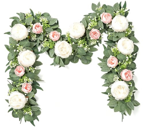 Dremisland 2 Stück Künstliche Blumengirlande Rosa Eukalyptus Girlande Deko | Gefälschte Seidenblumen Sommer Rosengirlande Pfingstrose Kunstblumen Girlande Blumenranken für Hochzeit Tischdeko