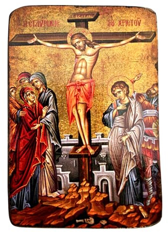 IconsGr Ikonenbild, auf Holz, handgefertigt, Motiv: Jesu‘ Kreuzigung, griechisch-orthodoxes Heiligenbild
