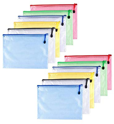 Dokumentenmappe, 12 Stück, aus PVC, mit Reißverschluss, Schule, Büro, Magazine, Dokumente; schwarz, blau, weiß, gelb, grün, rot A5
