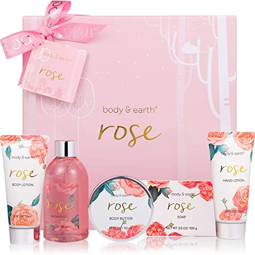 BODY & EARTH Confezione regalo per donne, 5 pezzi, rosa, gel doccia, burro per il corpo, crema per le mani, lozione per il corpo, regalo di compleanno, regalo per donne, fidanzata, regalo natale donna