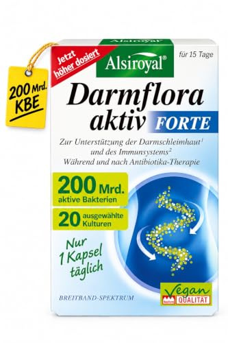 Alsiroyal Darmflora Forte · pro Kps. 200 Mrd. KBE aus 20 Bakterienkulturen | Probiotika mit 200 Mrd. aktiven Bakterien aus 20 Kulturen · nur 1 magensaftresistente Kps. · Biotin & Folsäure · laktosefrei