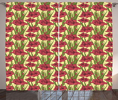 ABAKUHAUS Blume Rustikaler Gardine, Gladiolen Muster, Schlafzimmer Kräuselband Vorhang mit Schlaufen und Haken, 280 x 225 cm, Gelbe Koralle und Grün