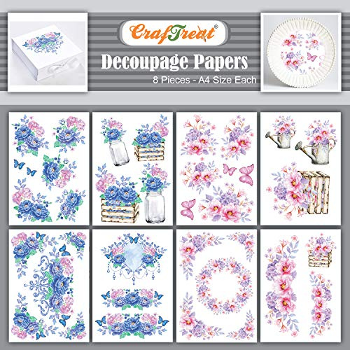 CrafTreat Reusable Hydrangea & Pink Peonies Decoupage Paper Pack for DIY Home Décor Mixed Media Crafts, Decorative Printed Decoupage Paper Set, Arts and Crafts Supplies - A4 (8pcs)