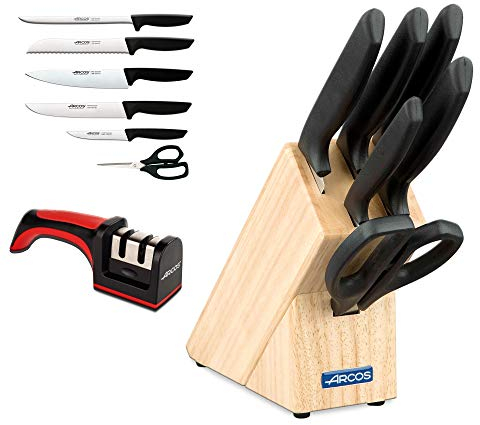 Arcos Juego de Cuchillos de Cocina Profesional y Afilador | 7 Piezas | Acero Inoxidable | Taco de Madera | Serie Niza | Uso Cotidiano | Apto para Lavavajillas