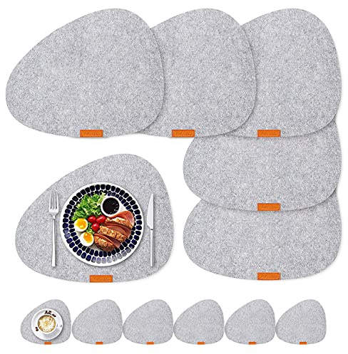 LITLANDSTAR Filz Tischsets Untersetzer 12er Set, hitzebeständige rutschfeste Premium Platzsets für Zuhause und Restaurant Waschbare Platzsets Set mit 6 Tischsets, 6 Untersetzer(Hellgrau)