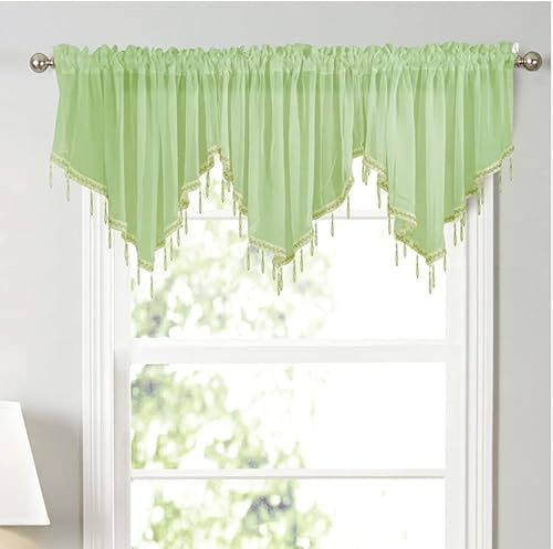 Devola Scheibengardine Volant Transparent Modern BxH 130x60cm Grün 1 Stück | Gardine Dreieckiger Querbehang, Kurzvorhang mit Kristallperlen, Panneaux Gardinen Kurz, Dekorationsvolant für Küchenfenster