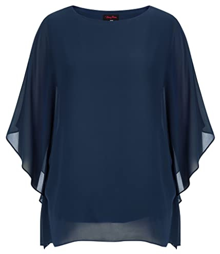 Hanna Nikole Damer stora storlekar chiffongblusar elegant fladdermusskjorta dubbla lager toppar lös lång skjorta, Marinblå, 50 plus size