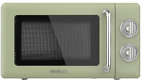 Cecotec Microondas Mecánico de 20 L Proclean 3010 Retro Green. 700 W en 6 Niveles, Temporizador hasta 30 Minutos, Modo Descongelación, Diseño Vintage en Verde, Acabados en Acero