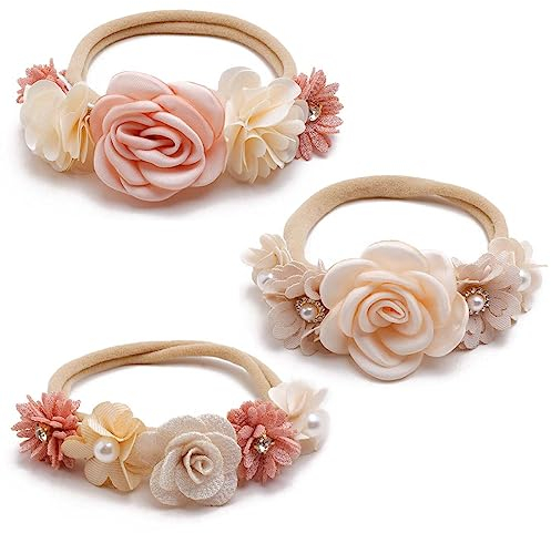 XPEX 3er-Pack elastische Baby-Stirnband-Haar-Accessoires, Perlen-Strass-Baby-Stirnbänder, Haar-Accessoires für Neugeborene und Kleinkinder, Baby-Mädchen-Nylon-Blumen-Stirnbänder
