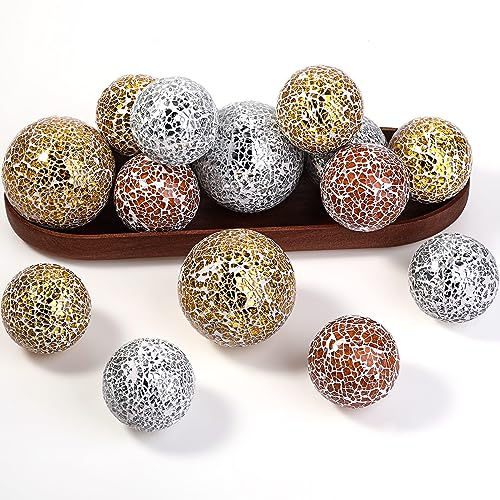Umigy 18 Pcs Decorative Balls for Centerpiece, Brown Decorative Mosaic Sphere Glass Orbs, 3.2/2.4 Inch Bowl Fillers for Home Vase Garden Wedding Party Decoration