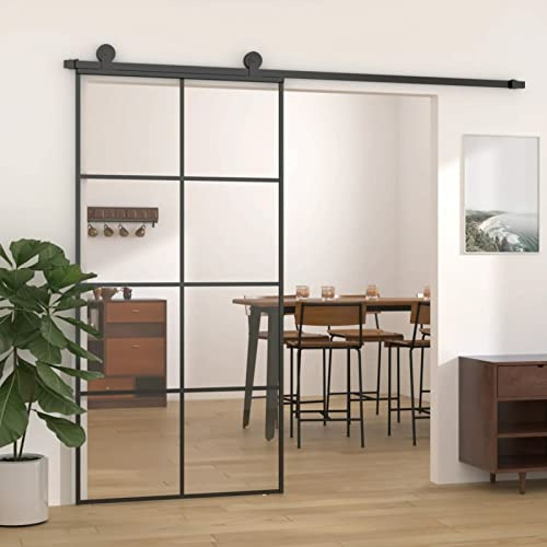 Homgoday Schiebetür schwarz 102,5 x 205 cm aus ESG-Glas und Aluminium, Schiebetür innen, Innentüren, Schiebetüren innen außen