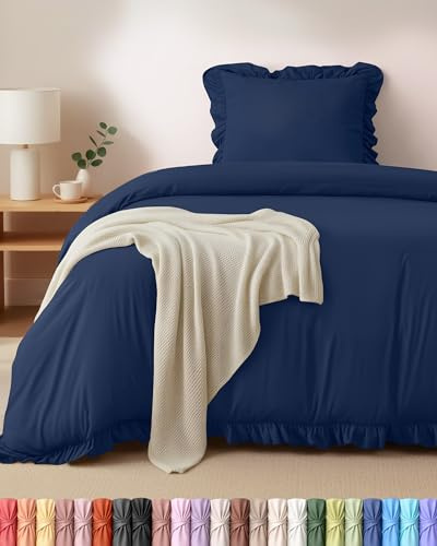 Utopia Bedding Rüsche Bettwäsche 135x200 Set, Marineblau | Mikrofaser Bettbezug 135x200 cm + 1 Kissenbezug 80x80 cm