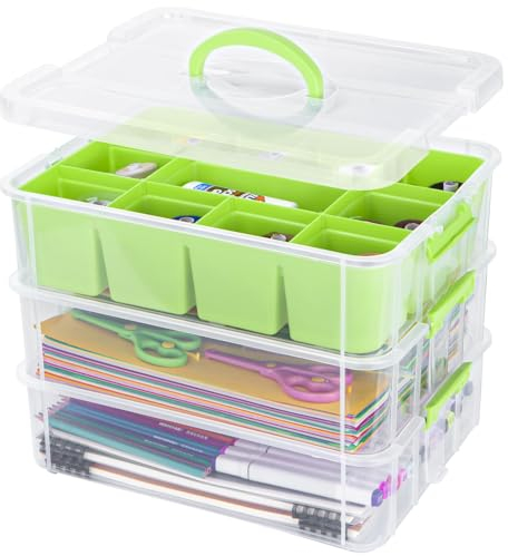 Creahaus Scatola portaoggetti a 3 ripiani con coperchio per lavori di bricolage, scatole impilabili con vassoio rimovibile per materiale fai da te, scatola da cucito, scatola di smistamento,