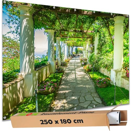 TRIOSK Sichtschutz Garten Deko Zaun Plane Blickdicht groß mit Zaunblende Motiv Italien Capri Laubengang für Zaunelement Doppelstabmatten Stabmattenzaun Gartenzaun PVC 250x180 cm