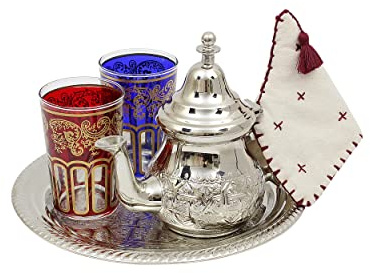 Juego de tetera marroquí grabada pequeña: tetera plateada con filtro y soporte integrados, 2 vasos de té y bandeja plateada, hecha a mano en Marruecos, juego de regalo de té de menta