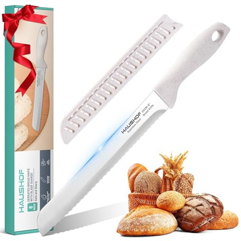 HAUSHOF Brotmesser mit Wellenschliff, 20 cm Klinge rostfreier Edelstahl, Leichtes Küchenmesser mit komfortablem Mischgriff aus PP & Stroh, ideal zum Schneiden von Brot, Bagels, Kuchen