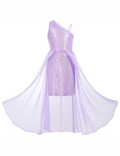 GRACE KARIN Abito da bambina elegante con paillette, linea ad A, in chiffon, con spalline singole, per Natale, festa di compleanno, Rosa/lilla., 7 anni