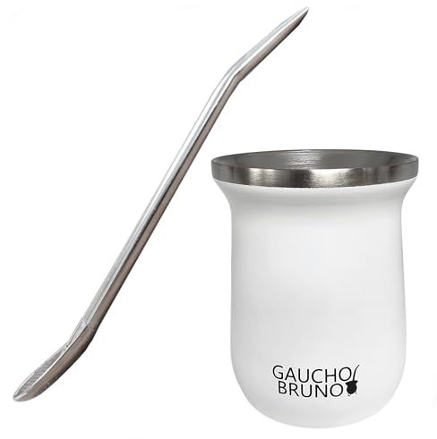 Gaucho Bruno - Mate industrial de acero inoxidable con bombilla para beber yerba mate | Fácil de limpiar | Cómodo de sostener | Mantiene el calor durante más tiempo, color blanco