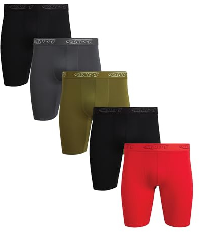 AND1 Mens Boxer Briefs - 5 Pack Performance Stretch Mens Underwear Long Leg Boxers for Men with Contour Pouch, 9 Inseam, Size Medium, Black/Flame Red/Charcoal Grey/Moss Green/Black