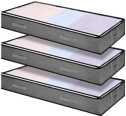 3 Pezzi 90L Contenitori Sottoletto, Salvaspazio Scatole per Armadio Pieghevole Organizzatore Armadio con Finestra Trasparente - Maniglia Rinforzata,per Organizer Trapunte Abiti Stagionali(Grigio)