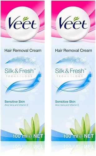 Veet Hair Removal Cream, Legs & Body, Sensitive Skin, 100ml each (pack of 2, 200ml) Dermatologically tested, Smooth skin
