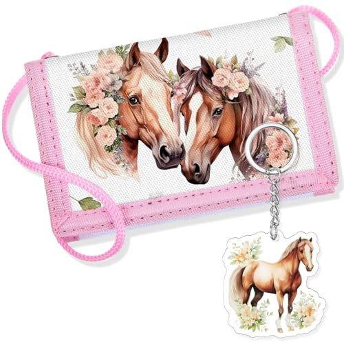 Hestya Kinder Brustbeutel - Dreifach Gefaltete Geldbörse mit Schlüsselanhänger, Portemonnaie zum Umhängen Geschenk für Jungen & Mädchen (Pferd)