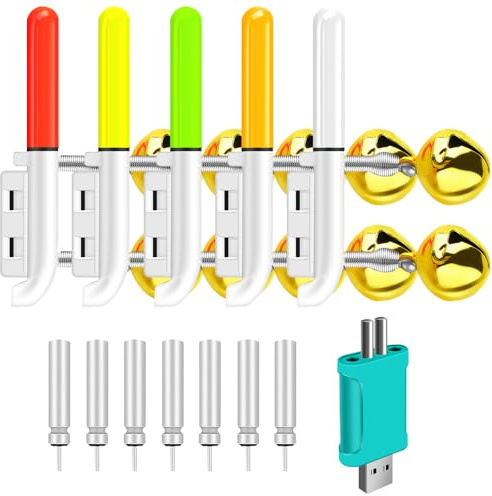 AVCXEC 5 Stück LED Knicklicht Angeln mit Angeln Alarm Glocke, Knicklichter Angeln Bissanzeiger, Swinger Angeln mit Ladegerät und Akku, Bissanzeiger Swinger, Bissanzeiger Angeln für Nachtangeln