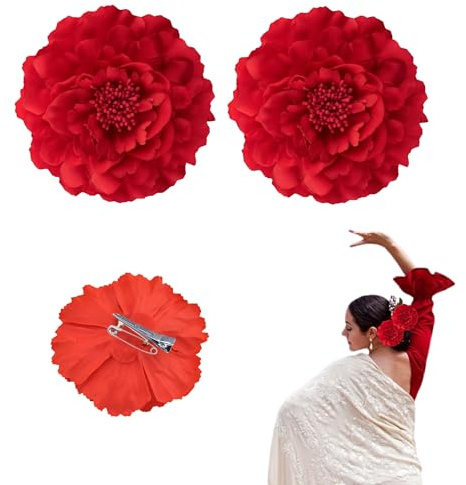 Pack 2 | Clips de Pelo de Clavel para Flamenca | Flor Flamenca Pelo | Peineta Flamenca y Accesorios para la Feria de Abril | Sevillana, Boda y Fiesta | Rojo