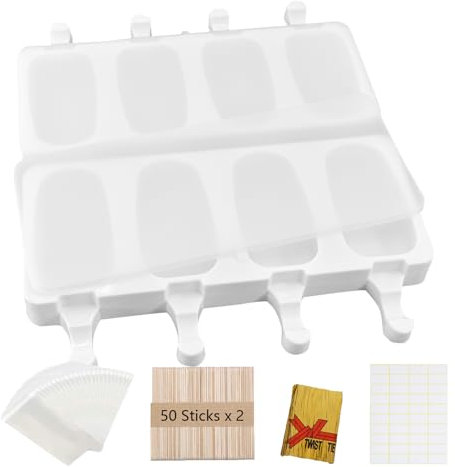 Aicerous® 2 Pcs Moldes Grandes Silicona Helados con Tapa, Juego de Moldes para Polos, Molde Helados Magnum, sin BPA, con 100 palos de madera, 100 bolsas OPP, 100 tiras embalaje y 100 etiqueta